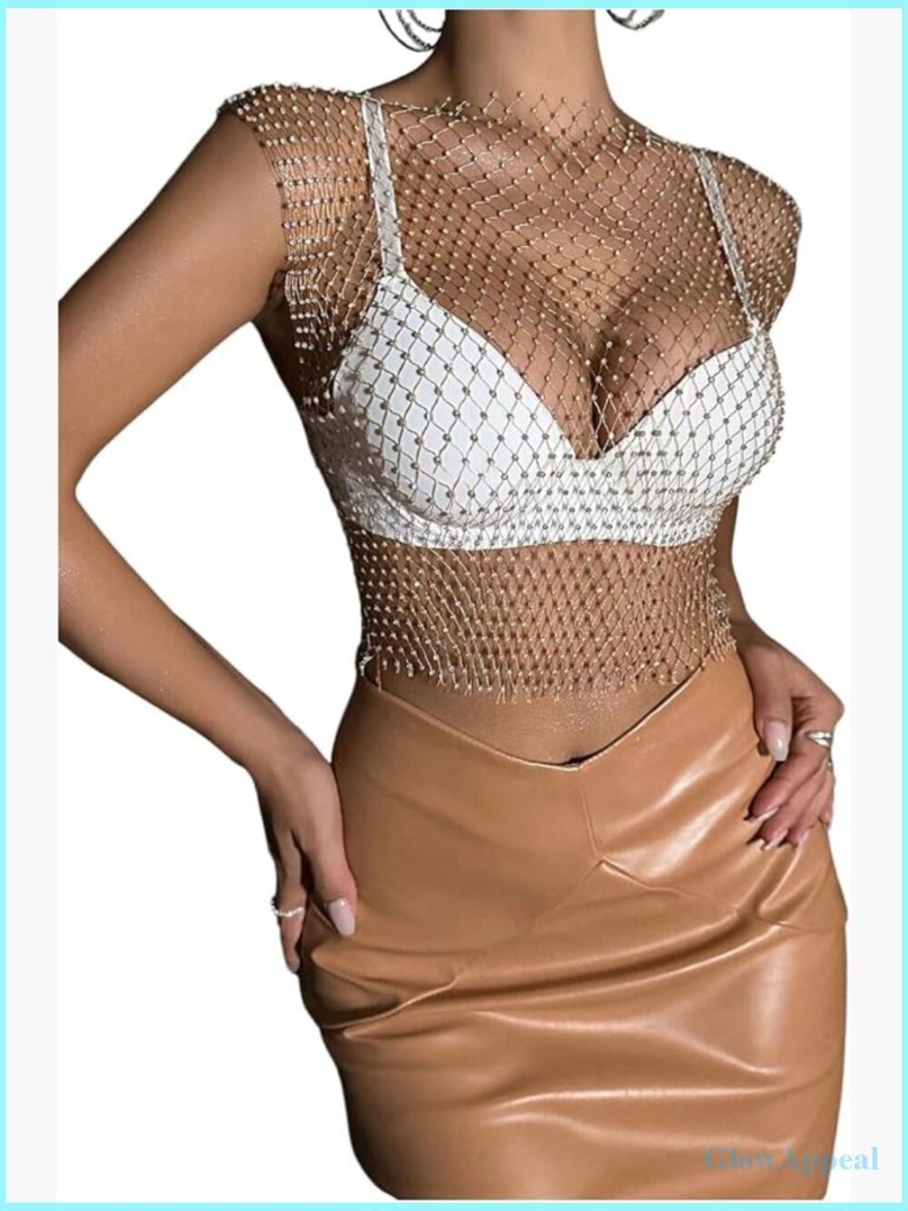 Sparkly Rhinestone Fishnet Sheer Sleeveless Crop Top Rave Outfit